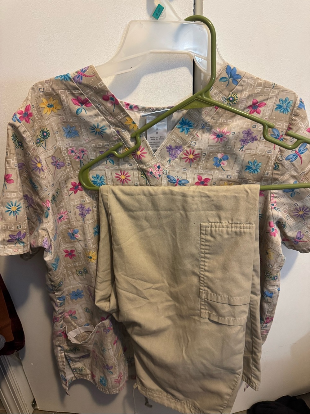 Floral Print Scrub Top and Tan Scrub Pants Set